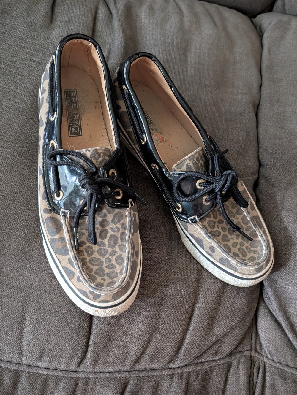 sperry Leopard Print and Black Patent Boat Shoes